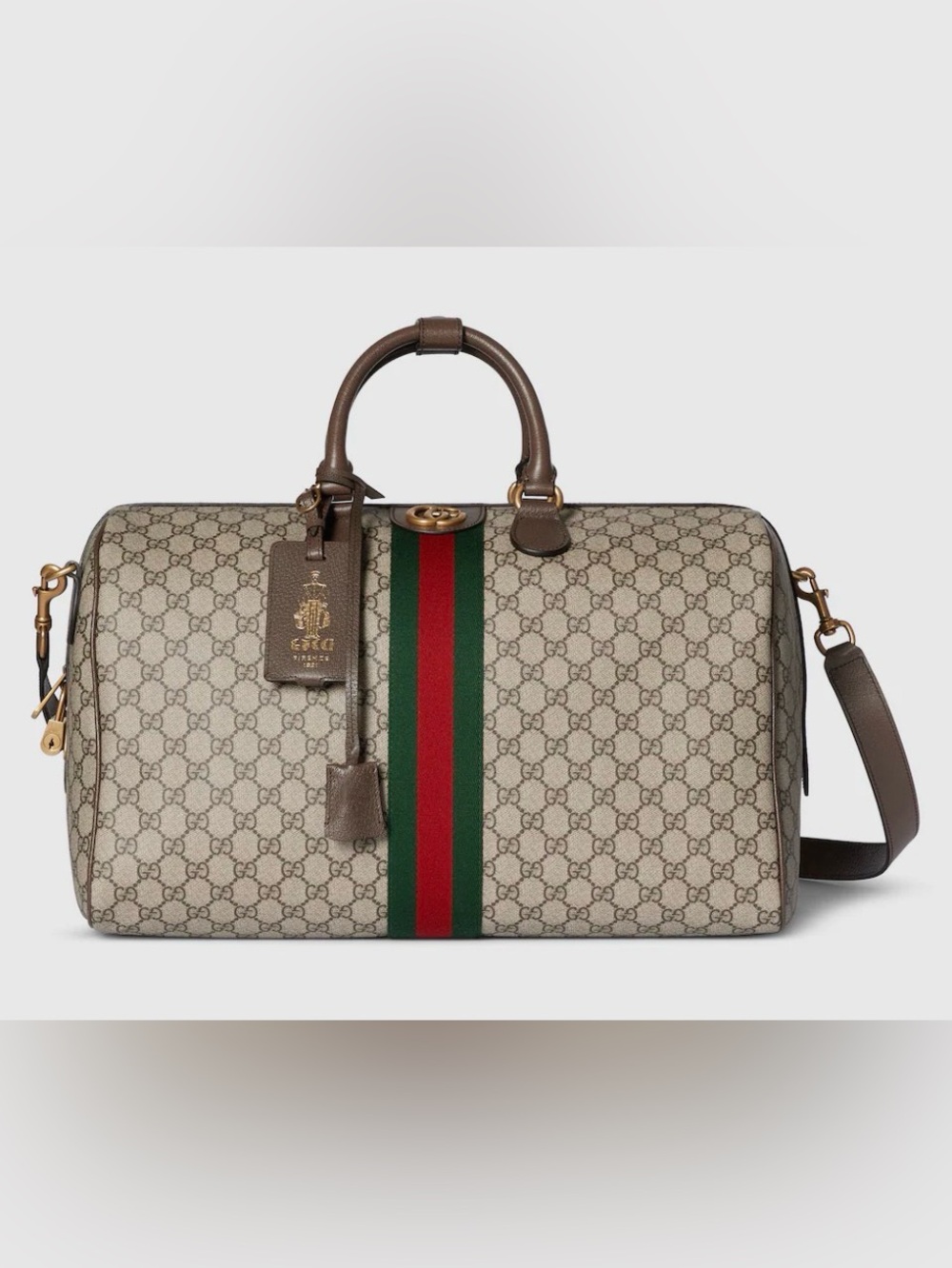 Gucci Beige GG Supreme Canvas Holdall with Red & Green Web